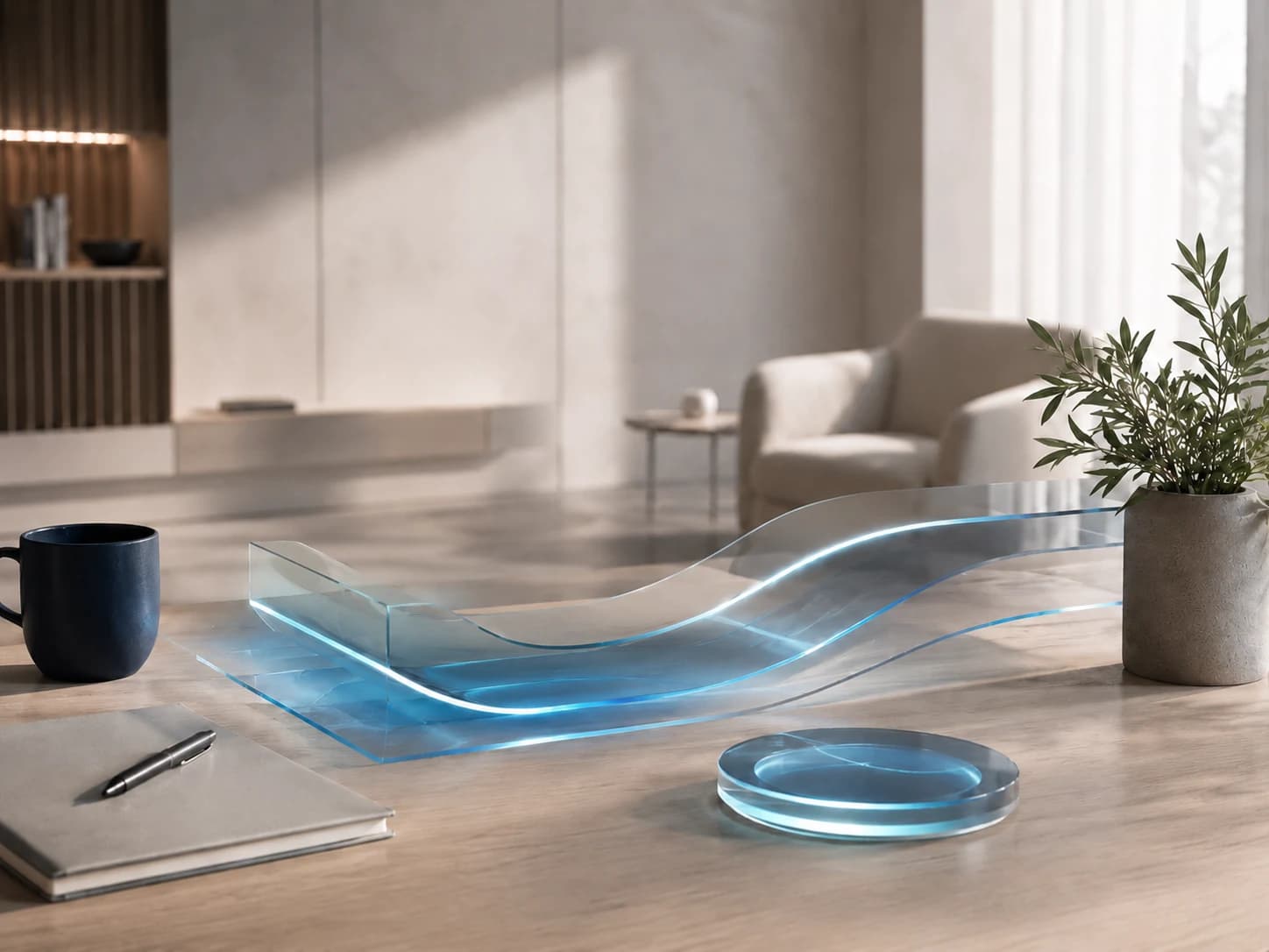 Illuminated translucent glass forms flowing across a modern workspace